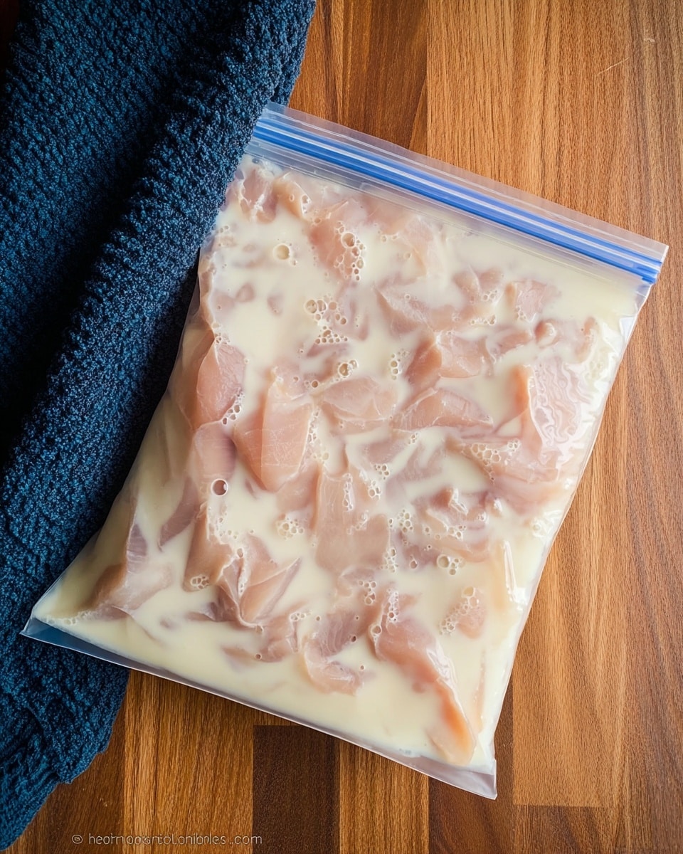 A clear plastic zip-top bag filled with pale pink pieces of raw meat submerged in an off-white creamy liquid, resting flat on a wooden surface. The meat pieces are unevenly shaped, layered randomly, and visible through the semi-transparent liquid, which has small bubbles and a slightly thick texture. In the top-left corner, a dark blue textured cloth is partially visible. photo taken with an iphone --ar 4:5 --v 7
