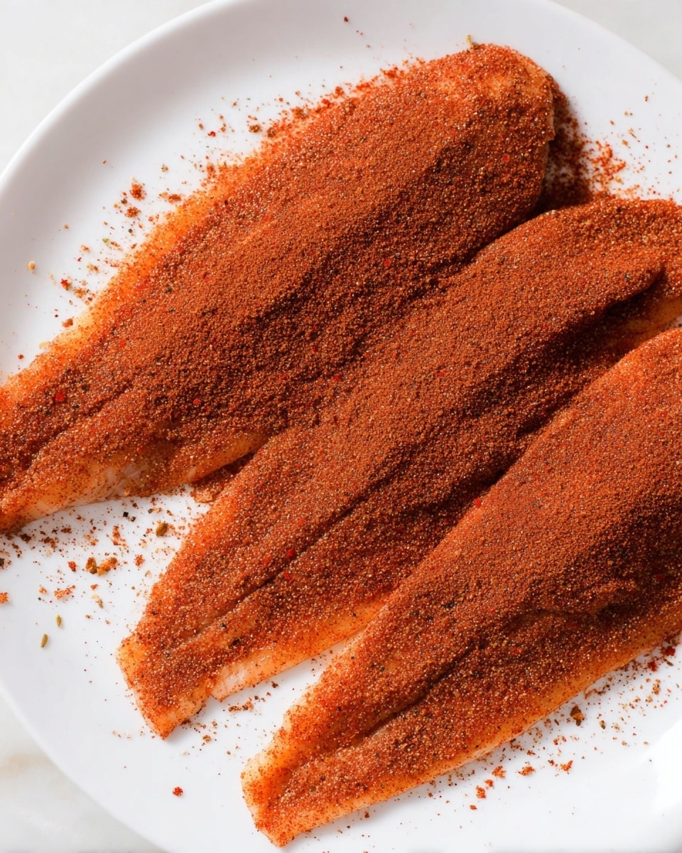 A white plate holds four fillets spread out flat, each fully covered with a layer of fine reddish-brown spice powder. The spices have a dry, grainy texture and are spread evenly over the surface of the fillets, with some loose powder scattered lightly around the edges on the plate. The surface under the plate is a white marbled texture. photo taken with an iphone --ar 4:5 --v 7