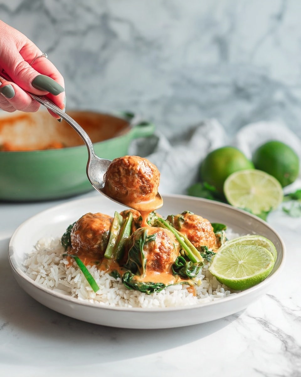 A white plate shows a bed of white rice as the bottom layer, topped with three round, browned meatballs mixed with light green spinach leaves and thin green pepper slices. Orange sauce covers the meatballs and drips slightly onto the rice. A wedge of lime with bright green skin and light green inside is placed on the right side of the plate. A woman's hand with nails painted gray holds a silver spoon above the plate, lifting one meatball covered with sauce. The background is a white marbled surface with a blurred white marbled wall behind, featuring a green pot and two whole bright green limes in soft focus. Photo taken with an iphone --ar 4:5 --v 7