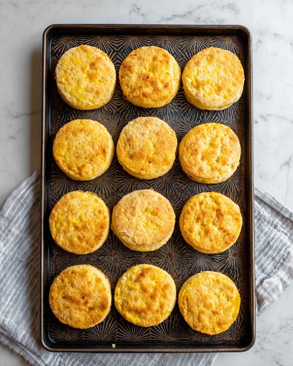 The image shows twelve round, golden-yellow biscuits with a slightly rough texture and soft edges, arranged neatly in four rows of three on a dark baking tray with a geometric pattern. The biscuits have a warm, baked look with light brown spots and a fluffy, layered appearance. The tray rests on a white marbled surface with a grey and white striped cloth partly visible under its bottom edge. The lighting highlights the warm tones and the slightly uneven surfaces of the biscuits, giving them an inviting, fresh-baked feel photo taken with an iphone --ar 4:5 --v 7