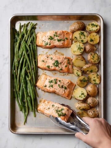 Sheet Pan Salmon with Lemon Parmesan Green Beans and Baby Potatoes Recipe