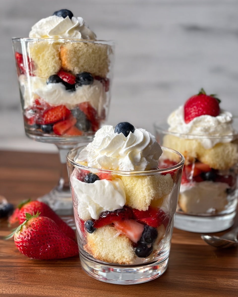 The image shows three clear glass dessert cups filled with layers of light yellow cake pieces, white cream, and fresh berries. The front cup has a bottom layer of cake with white cream on top, followed by red strawberry pieces and dark blue blueberries, then another layer of cream and cake chunks, finished with a swirl of white cream and a single blueberry on top. Behind it, a taller glass has alternating layers of light yellow cake, thick white cream, whole strawberries, and blueberries, stacked up to the rim. To the right, a smaller glass contains a similar dessert with three layers of cake and cream, topped with a small red strawberry and a dollop of white cream. The cups rest on a wooden surface with a white marbled texture background. Photo taken with an iphone --ar 4:5 --v 7