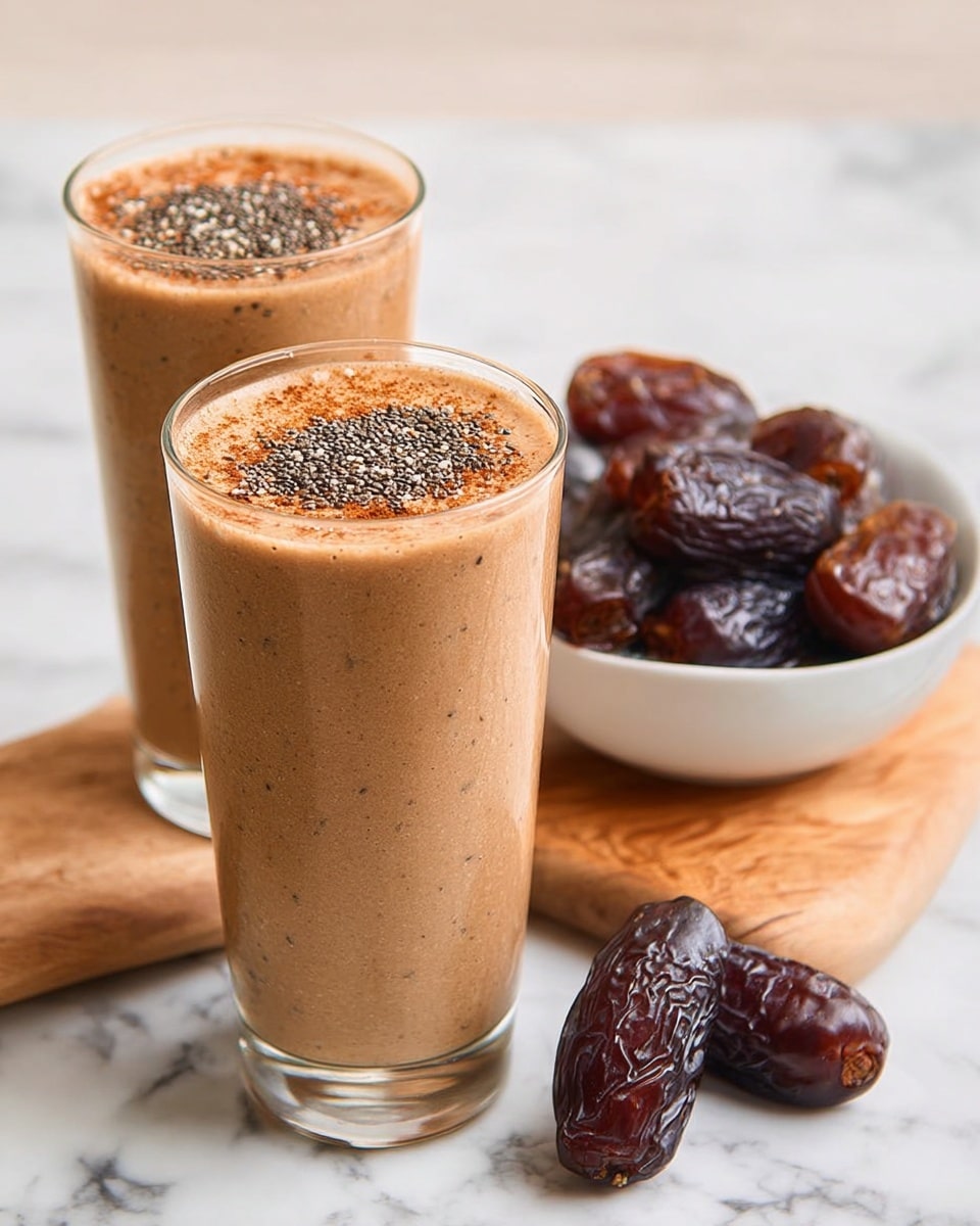The image shows two clear tall glasses filled with a thick light brown smoothie, each topped with a horizontal line of small dark chia seeds and a light dusting of cinnamon powder. Behind them, there is a white bowl filled with glossy dark brown dates sitting on a wooden board. Two dates also lie on the white marbled surface in front of the glasses. The overall colors include the creamy light brown of the smoothie, deep brown of the dates, and the white of the bowl and marbled background. photo taken with an iphone --ar 4:5 --v 7
