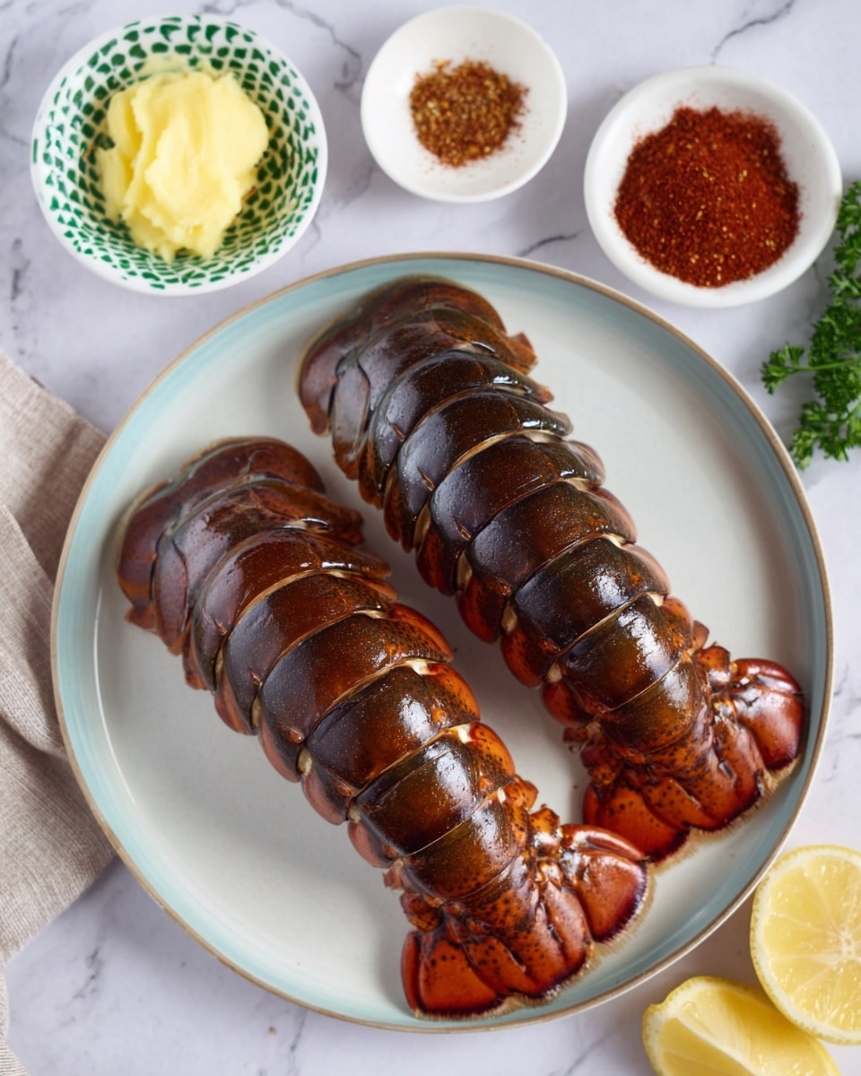 The image shows two cooked lobster tails placed side by side on a white plate with a light blue rim. The lobster shells are dark brown and shiny, with some red highlights, and their segmented texture is visible. Around the plate, there are small white bowls: one with a green and white pattern containing light yellow butter, and another plain white bowl with red chili powder. Near the bottom right, there are a few lemon wedges. The background is a white marble surface with a slight texture, and a small green parsley sprig is partly visible. Photo taken with an iphone --ar 4:5 --v 7