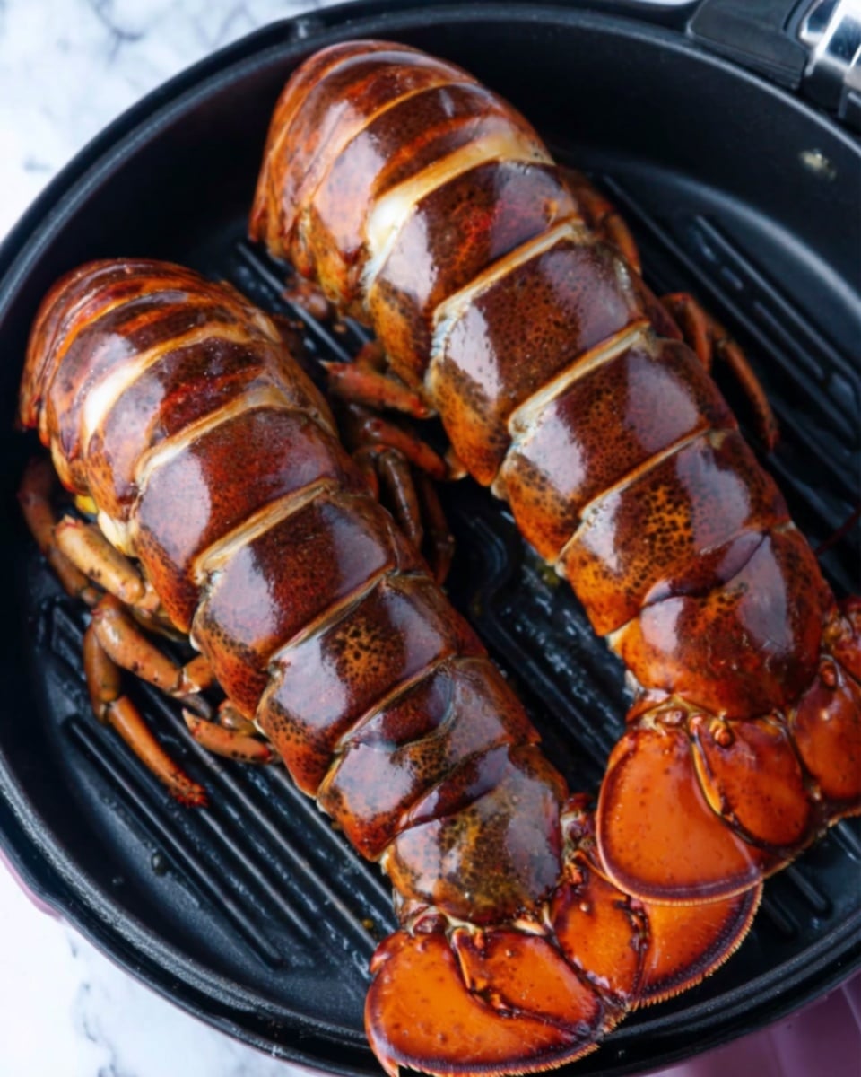 Two large cooked lobsters lie side by side in a black round grill pan, their shells deep reddish-brown with glossy textures and some darker seasoning spots. Both lobsters have their tails facing the bottom of the pan, and the shell segments are clearly visible, showing natural ridges and a slightly rough surface. The pan contrasts with the bright colors of the lobsters. The background is a white marbled surface. Photo taken with an iphone --ar 4:5 --v 7