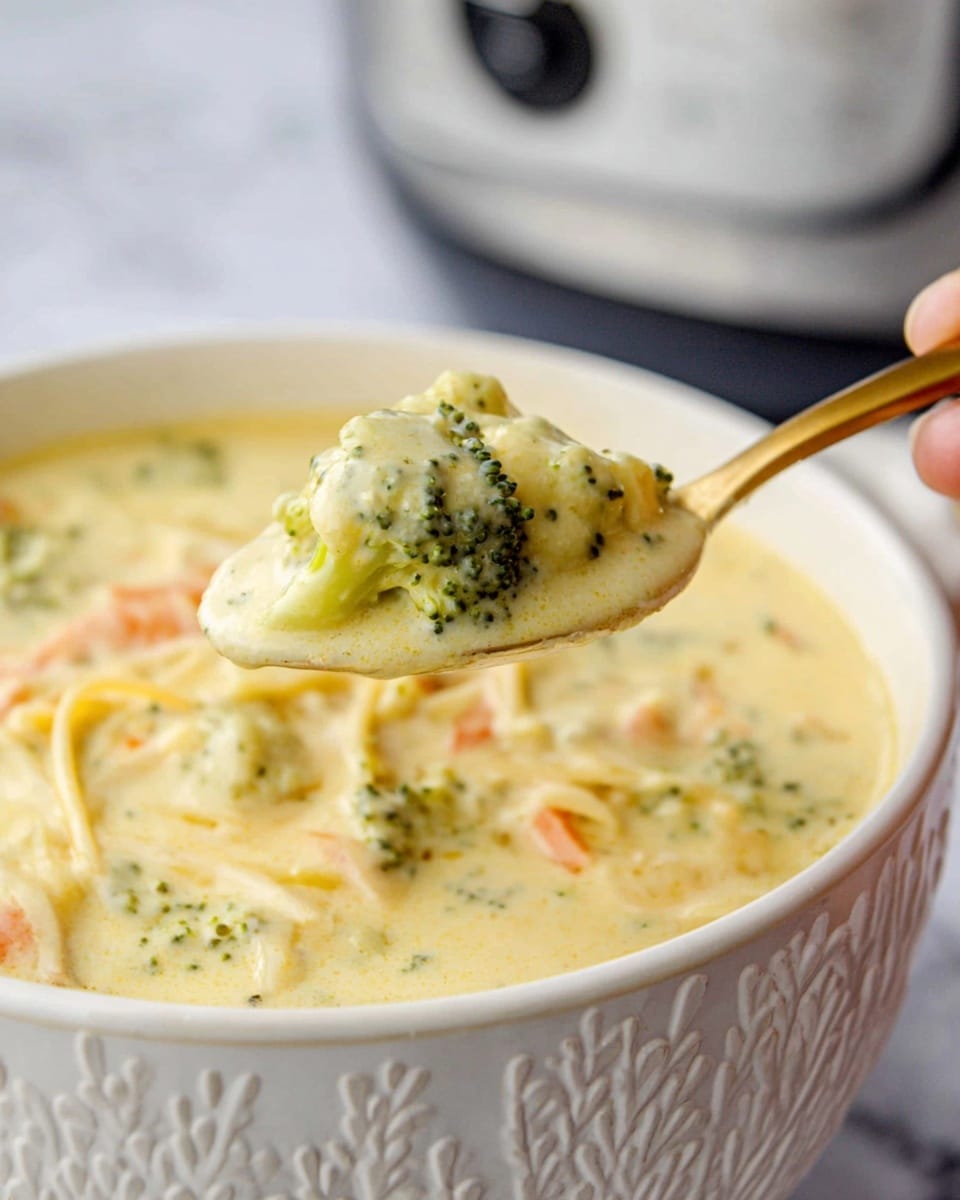 A close-up image of a creamy soup in a white bowl with a white marbled texture background. The soup has a thick, pale yellow creamy base with visible pieces of broccoli, shredded cheese, and small bits of carrot. A golden spoon, held by a woman's hand, lifts a portion of the soup showing a chunk of broccoli covered in the creamy sauce. The soup texture looks smooth with chunks of soft vegetables mixed in. photo taken with an iphone --ar 4:5 --v 7