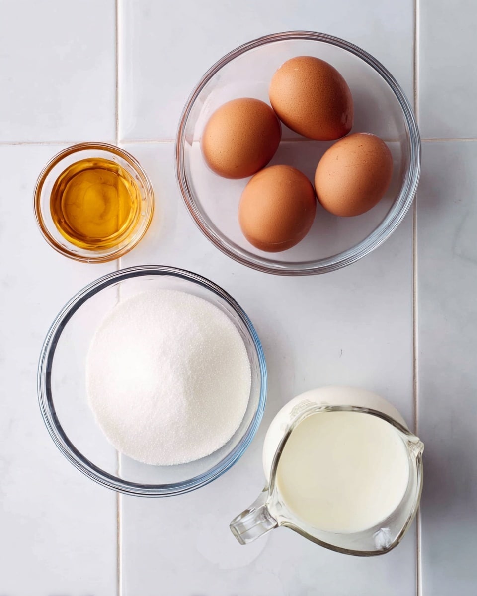 Five brown eggs sit in a clear glass bowl in the top right section of the image, showing smooth and even shells. Below the eggs is another clear glass bowl filled with white granulated sugar, having a fine grainy texture. On the right side, slightly lower, a clear measuring cup holds white milk with a smooth surface. Near the top left, a small clear bowl contains a golden liquid, likely vanilla extract, with a glossy texture. The background is a white marbled tiled surface with clean lines and a subtle shine. Photo taken with an iphone --ar 4:5 --v 7