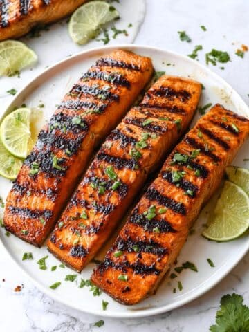Grilled Salmon with Lime, Cilantro Butter, and Fresh Fruit Salsas Recipe