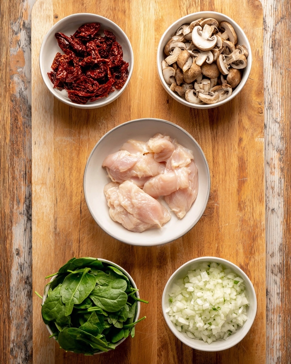 The image shows five white bowls arranged on a wooden surface with a white marbled texture. In the center, there is a bowl with three pieces of raw chicken flesh, light pink and smooth. To the top right, a bowl filled with chopped brown mushrooms with a mix of light and dark tones. To the top left, a bowl with sun-dried tomatoes that are deep red and wrinkled. At the bottom left, there is a bowl holding fresh green spinach leaves with visible veins and texture. On the bottom right, a bowl filled with finely chopped white onions, small and uneven in size. Photo taken with an iphone --ar 4:5 --v 7