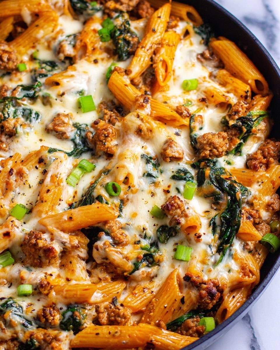 The image shows a white ceramic pan filled with baked penne pasta mixed with cooked ground meat and spinach, creating a mixture of orange and green colors. The pasta is covered with melted cheese that looks creamy and slightly browned, with some black pepper sprinkled on top. Small green onion pieces are scattered over the dish, adding a fresh touch. The pan sits on a white marbled surface with a white cloth partially visible underneath. Photo taken with an iphone --ar 4:5 --v 7