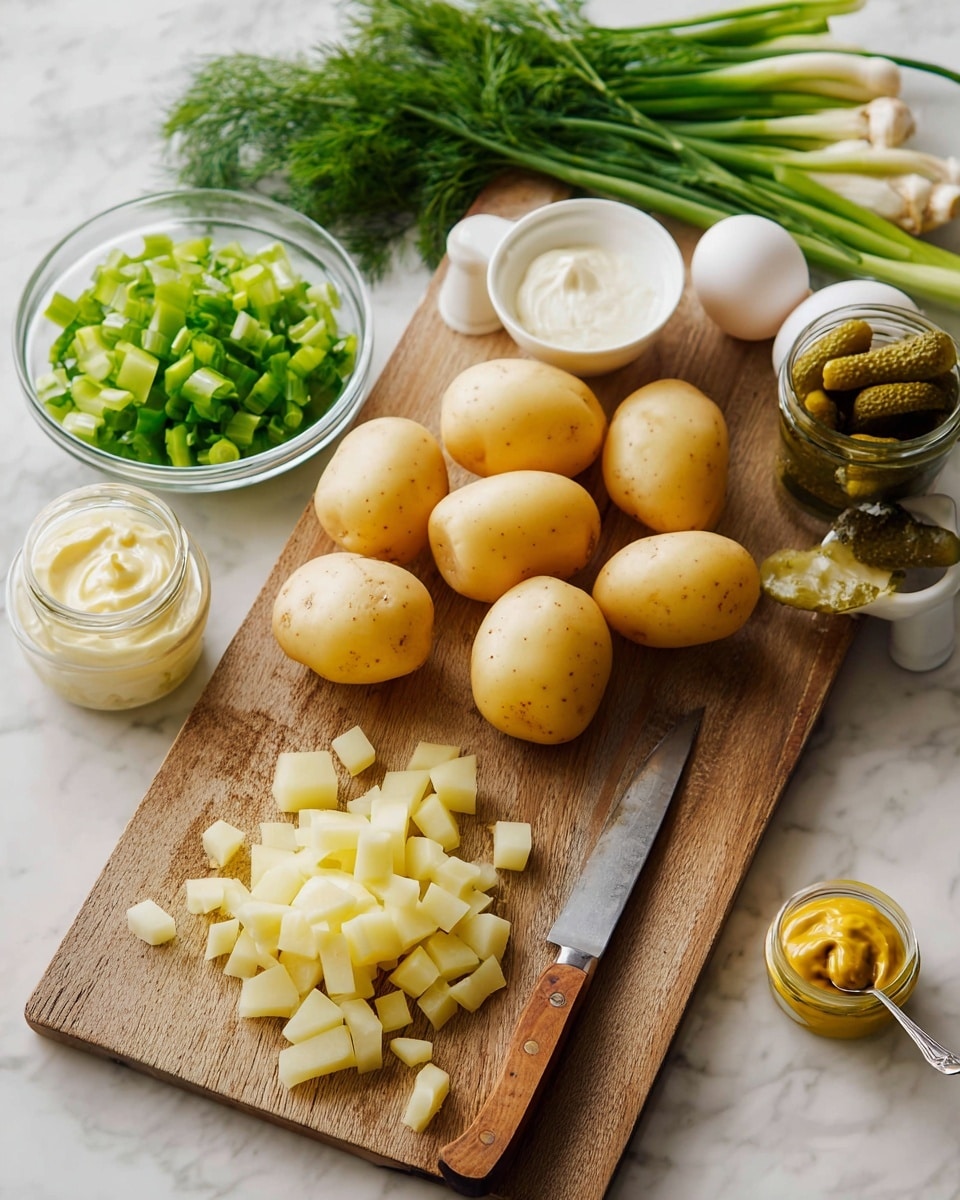 A wooden board resting on a white marbled surface holds several cooking ingredients. In the middle are seven whole light yellow potatoes, with a pile of small potato cubes in front of them. A silver knife with a wooden handle lies next to the cubes, with a few cubes on its blade and tip. A small glass bowl filled with green chopped celery sits on the left edge of the board. Near the top left corner are long green chive stalks and fresh dill bunches. A small white bowl of creamy mayonnaise sits near the chives. A transparent plastic container of green pickles is placed beside the mayonnaise. At the bottom right corner, a small glass jar of mustard has a spoon inside it. Two white eggs rest close to the mustard jar. The photo taken with an iphone --ar 4:5 --v 7