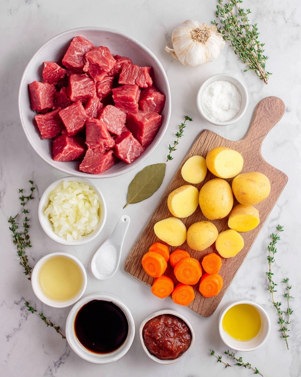 The image shows bowls and a wooden board with fresh ingredients arranged on a white marbled surface. In the center, there is a white bowl filled with raw red meat cubes. To the right on the wooden board, there are peeled yellow potatoes and bright orange carrot rounds. Above the meat bowl, a whole garlic bulb, a dried bay leaf, and small green sprigs of thyme lie directly on the surface. Around these, there are small white bowls holding chopped white onions, salt, flour, and a thick dark red paste, plus a white spoon with dark liquid and a small white bowl with light yellow oil. The setup is neat and clean, with ingredients spaced out evenly. photo taken with an iphone --ar 4:5 --v 7