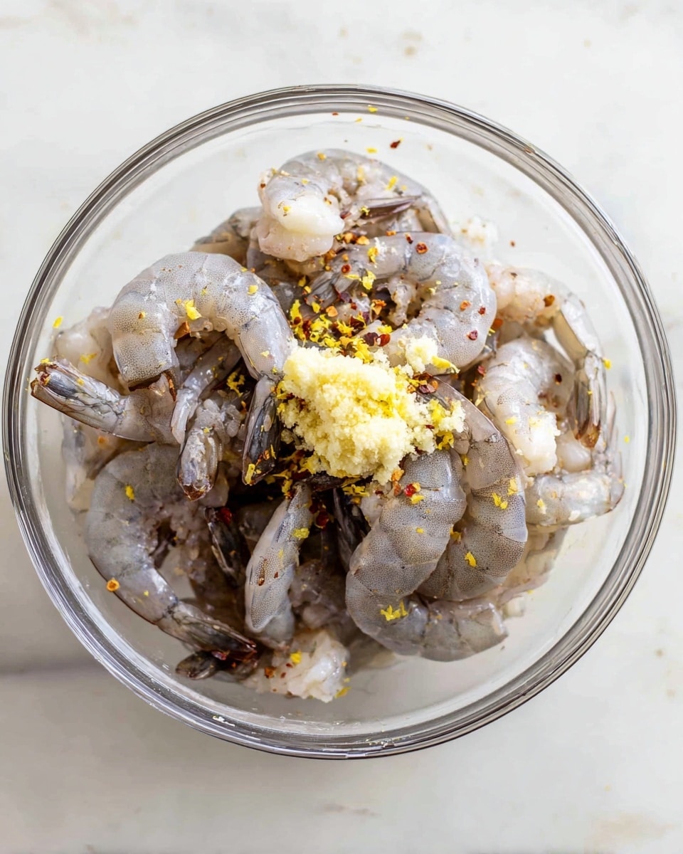 A clear glass bowl sits on a white marbled surface, filled with peeled raw shrimp that are light gray with darker gray stripes and tails. On top of the shrimp, there is a small mound of finely minced pale yellow garlic. Scattered around and on the shrimp are coarse black pepper, red chili flakes, and some bright yellow lemon zest bits, adding texture and color contrast. The bowl shows the shrimp in different positions, some curled, some flat, giving a sense of freshness. Photo taken with an iphone --ar 4:5 --v 7