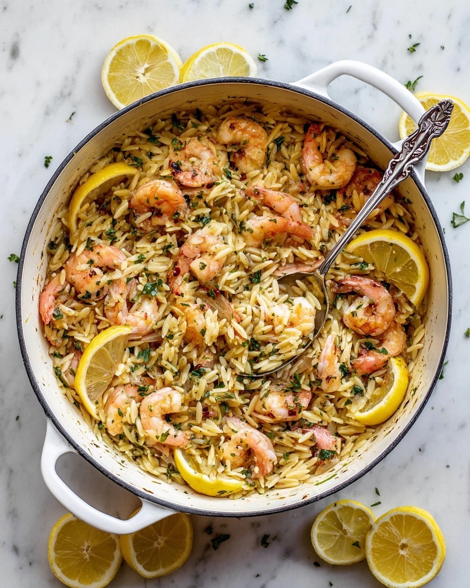 A white pan filled with a single layer of small, light golden orzo pasta mixed evenly with medium-sized pink shrimp that have a firm texture and some visible white flesh. Scattered green herbs are sprinkled on top, adding color contrast. There are three thin yellow lemon wedges placed inside the pan, nestled among the shrimp and pasta. The pan sits on a white marbled surface with soft natural light highlighting the shiny and slightly oily texture of the dish. photo taken with an iphone --ar 4:5 --v 7