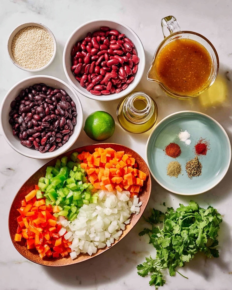 A variety of ingredients are shown on a white marbled surface, arranged neatly. There are two white bowls filled with red kidney beans and black beans. A small bowl holds white sesame seeds, and another small bowl contains chopped garlic. A sliced lime is placed next to a green chili pepper and a clear glass measuring cup filled with brown broth. Extra virgin olive oil is held in a clear glass bottle beside a white bowl full of crushed tomatoes. On an oval wooden tray, there are three layers of diced vegetables: orange carrots on the left, green bell peppers in the middle, and white onions on the right. A light blue plate carries five different spices arranged in small piles, and fresh green cilantro sprigs lay scattered on the surface. Photo taken with an iphone --ar 4:5 --v 7