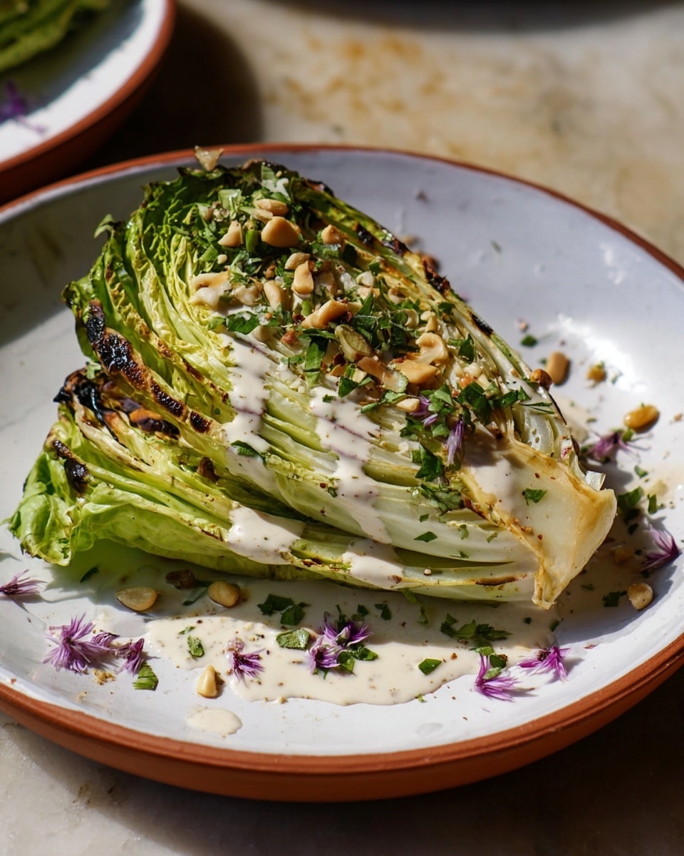 A wedge of pale green lettuce with layered leaves is topped with a creamy light tan dressing spread unevenly. Small pine nuts and finely chopped green herbs are sprinkled over the top, along with a few delicate purple edible flower petals. The lettuce wedge sits on a few loose green leaves on a white plate and the plate rests on a white marbled surface. The lighting highlights the texture of the creamy dressing and the detailed leaves. photo taken with an iphone --ar 4:5 --v 7