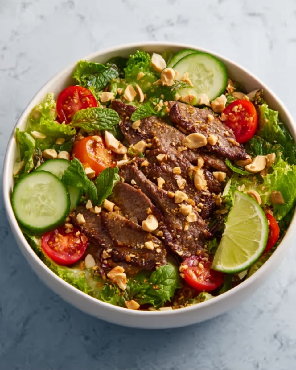 A white bowl filled with layers of fresh green lettuce leaves at the base, topped with round slices of cucumber and halved red cherry tomatoes. On top of the vegetables, there are strips of cooked brown beef arranged neatly, sprinkled with light beige crispy nuts and small crunchy clusters. A bright green wedge of lime is placed on the side inside the bowl. The bowl sits on a white marbled surface. Photo taken with an iphone --ar 4:5 --v 7
