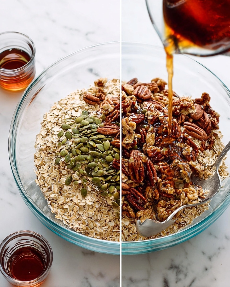 The image shows a clear glass bowl placed on a white marbled surface, filled with three visible layers: a bottom layer of light tan rolled oats, a middle layer of green pumpkin seeds, and a top layer of brown pecan nuts. A silver spoon rests inside the bowl on the right side. In the right half of the image, a dark amber liquid is being poured from above into the bowl, mixing with the oats and nuts. Around the bowl, there are two small clear glass containers, one with more dark amber liquid and the other empty. Photo taken with an iphone --ar 4:5 --v 7
