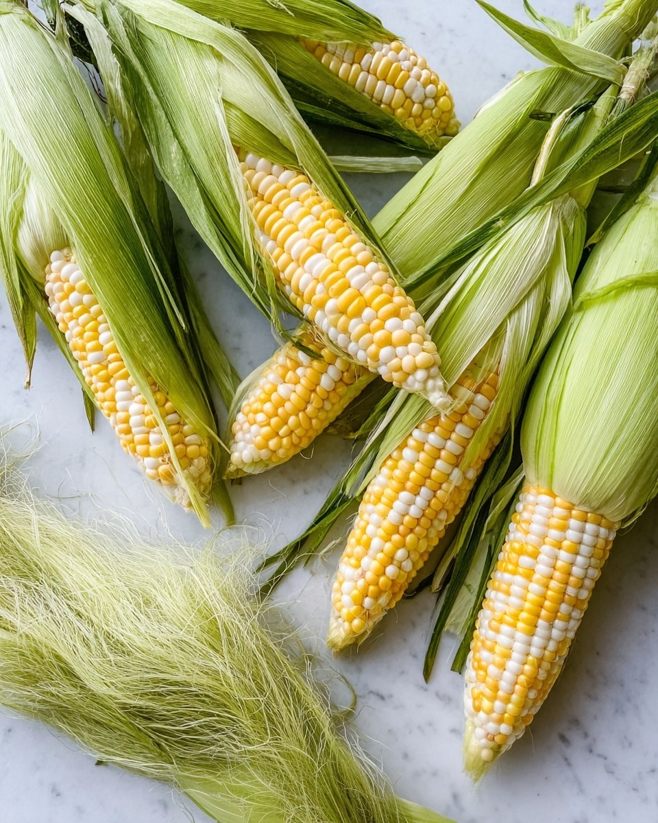 Four ears of corn with yellow and white kernels, partially peeled with green husks exposing the corn inside, are spread out on a white marbled surface. Soft, light green husks wrap the ears closely, with some husks peeled back and hanging loosely. One large clump of pale green corn silk lies separately in the bottom left corner, adding texture and detail. The image shows a mix of smooth, glossy kernels and fibrous husks, capturing a fresh and natural look. Photo taken with an iphone --ar 4:5 --v 7