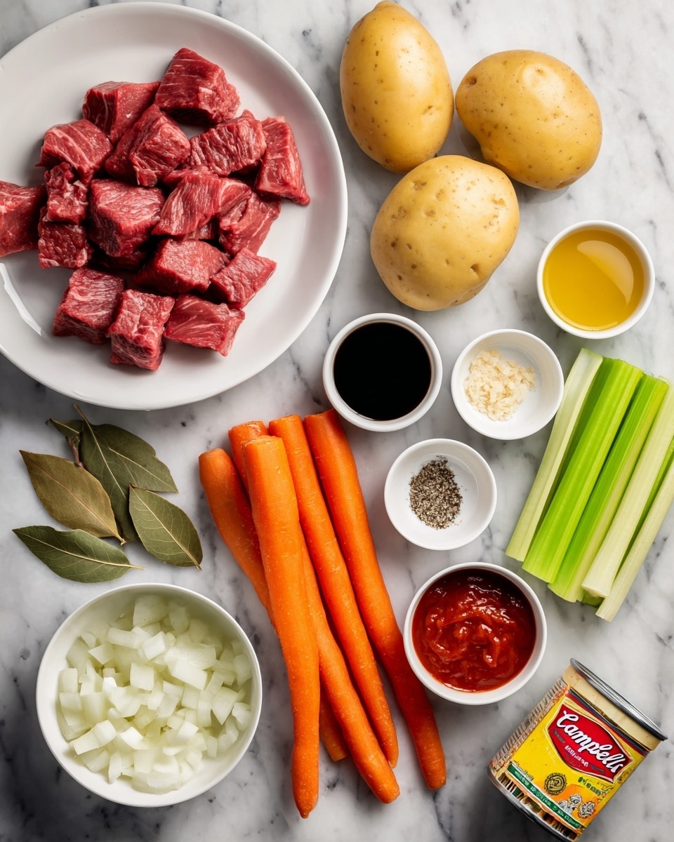 This image shows several fresh ingredients laid out neatly on a white marbled surface. There is a white plate filled with raw beef cubes in the top left corner. To the right of the plate, there are four yellow potatoes. Below the potatoes, three long bright orange carrots are placed, partially overlapping. Next to the carrots on the right, there are four green celery stalks. In the bottom left, a white bowl holds chopped white onions, and beside it are two bay leaves. Scattered around the bowls are small white dishes containing minced garlic, salt and pepper mix, a small bowl of dark brown liquid (soy sauce), a small bowl of red paste (likely tomato paste), and a small bowl of yellow liquid (olive oil). Finally, a carton of Campbell’s Beef Broth is placed near the bottom center. The overall layout is clean and organized, showing all ingredients clearly. Photo taken with an iphone --ar 4:5 --v 7