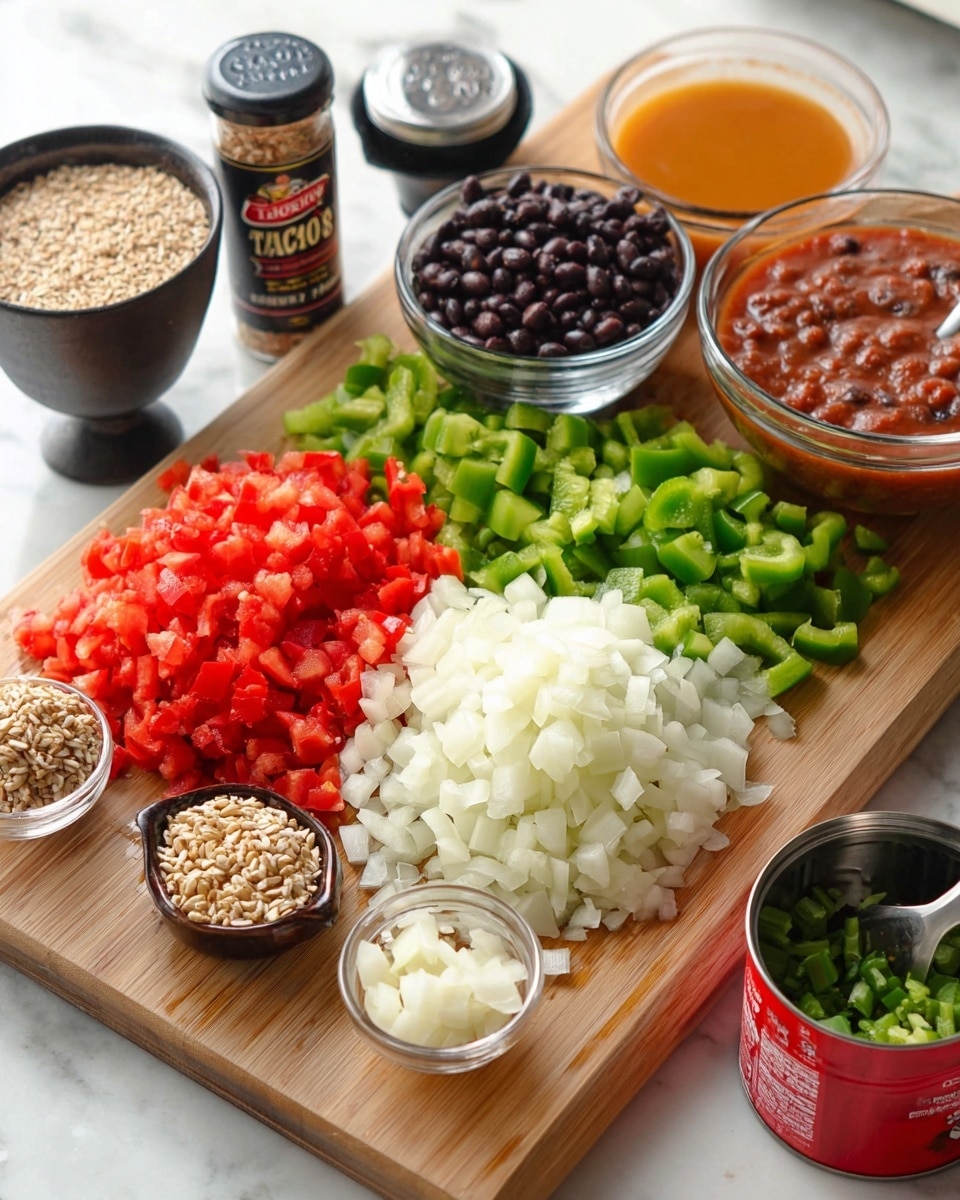 A wooden board holds several colorful ingredients neatly arranged in layers: in the front is a large pile of white chopped onions, above it to the right are pieces of green bell pepper, next to that is a layer of chopped red bell pepper. Behind the vegetables, there are three clear glass bowls: one filled with black beans, one with red salsa, and one with an orange liquid. To the left of the vegetables and bowls is a small black cup filled with light brown rice and a small clear bowl with minced garlic. In the front right corner, an open red can holds chopped green chiles with a spoon inside. Behind all the ingredients, a sealed glass jar labeled