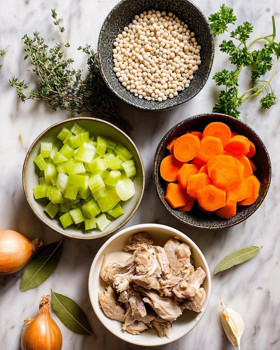 The image shows a top view of four bowls placed on a white marbled surface, each containing different ingredients for a meal. The first white bowl at the bottom holds rough, torn pieces of cooked light brown chicken meat with some darker parts visible. Above it, to the left, a dark bowl contains small, round, white pearl-like grains, with a smooth texture. To the right of that, another dark bowl is filled with bright orange carrot slices, cut into half-moon shapes with a smooth, slightly shiny surface. The final dark bowl at the top holds pale green chopped celery pieces, diced into cubes, with a sprig of fresh thyme and a peeled garlic clove resting on top. Around the bowls, on the white marbled surface, are scattered two small yellow onions, a sprig of fresh green parsley, and a couple of bay leaves. Photo taken with an iphone --ar 4:5 --v 7