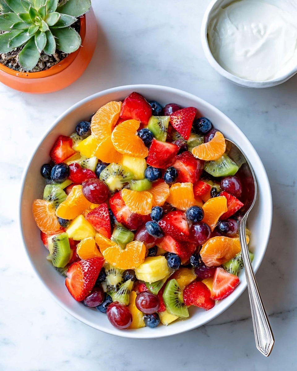 A white bowl filled with fresh fruit salad showing many colorful pieces, including red strawberry slices with seeds visible, green kiwi chunks with black seeds, bright orange mandarin orange segments, yellow pineapple cubes, dark blue whole blueberries, and red grape halves with shiny skins. The fruits are mixed closely with a shiny and juicy texture over a white marbled surface. photo taken with an iphone --ar 4:5 --v 7