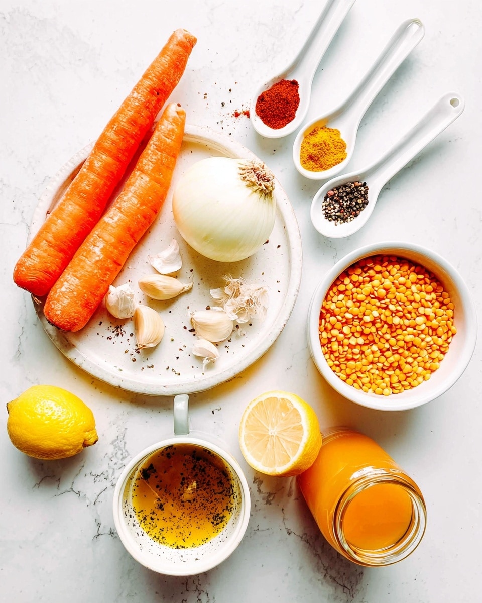 The image shows various ingredients arranged on a white marbled surface. At the center left, there is a white plate holding two whole orange carrots, two halves of a white onion, and several cloves of garlic along with three white ceramic spoons filled with different spices—yellow, red, and light brown powders. Above the plate, two small white spoons contain black pepper and salt. To the right, there are three small white bowls: one filled with bright yellow corn kernels, another with orange lentils and a silver spoon inside, and a smaller one holding a lemon. Below the white plate and bowls, there is a small white bowl with olive oil speckled with black pepper and a glass jar filled with orange liquid. The setup is clean and colorful, with a soft natural light. Photo taken with an iphone --ar 4:5 --v 7