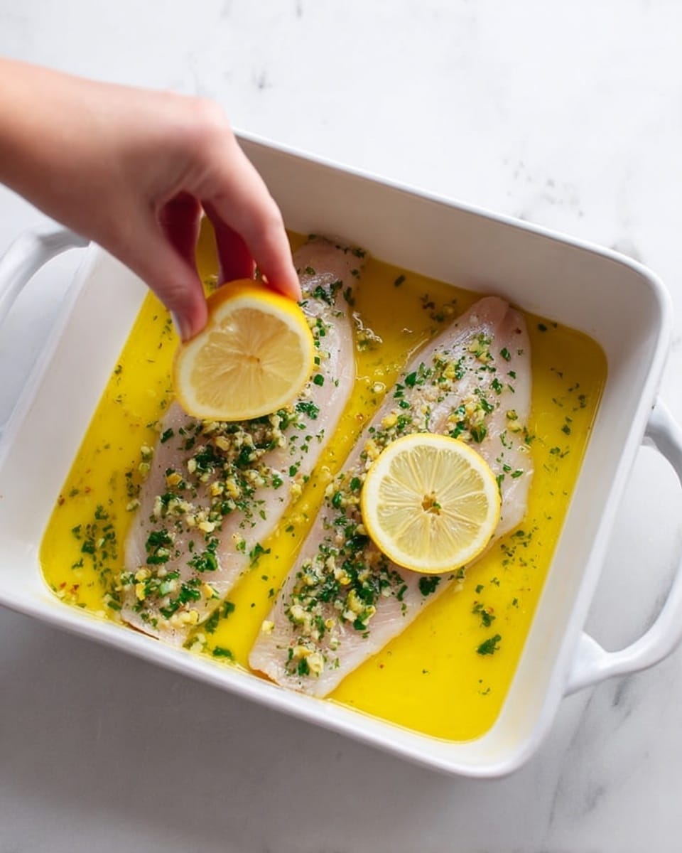 In a white rectangular baking dish, there are two whole fish fillets lying flat side by side. Each fillet is topped with a vibrant yellow lemon slice placed near the thicker end. The fish is covered with a bright yellow sauce with visible small green herbs and bits of garlic spread evenly across the surface. A woman's hand is shown placing the lemon slice on the left fillet. The dish rests on a white marbled surface. photo taken with an iphone --ar 4:5 --v 7