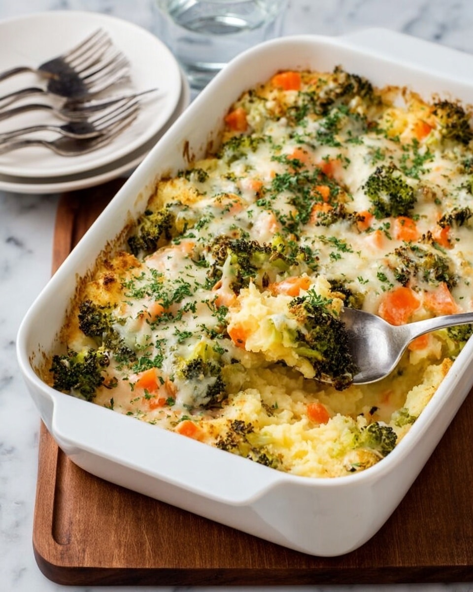 The image shows a white rectangular baking dish filled with a layered vegetable casserole. The bottom layer has light yellow mashed potatoes, the middle layer contains bright green roasted broccoli and small pieces of orange carrot, and the top layer is melted white cheese sprinkled with green herbs. A spoon is partly inside the casserole, stirring the layers. The dish sits on a wooden board with a white marbled background, and there are three silver forks on a small white plate next to it, with a glass of water behind the dish. photo taken with an iphone --ar 4:5 --v 7