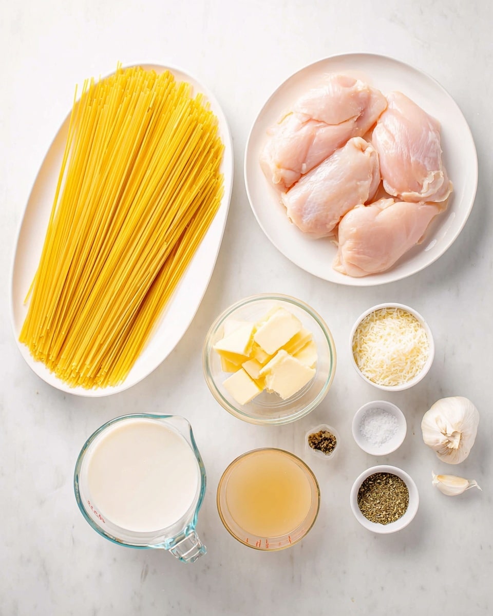 The image shows ingredients for a recipe arranged on a white marbled surface. On the left, there is a white oval plate holding dry yellow spaghetti sticks, bundled with some ends pointing out. To the right of the plate is a white round plate with three pieces of raw, light pink chicken placed closely together. Below these plates are two clear glass measuring cups; the left one is filled with white cream and the right one with light brown broth. Small white bowls spread around hold different items: one with pale yellow butter chunks, one with grated Parmesan cheese, one with salt, one with black pepper, one with green dried herbs, and one with two garlic cloves. The arrangement is neat and evenly spaced. photo taken with an iphone --ar 4:5 --v 7