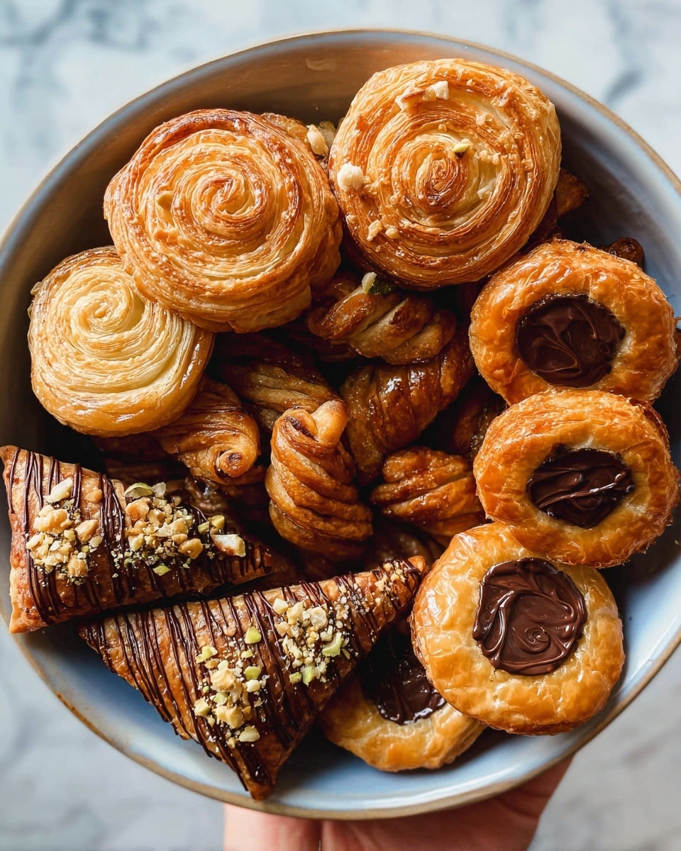 A white bowl filled with various golden brown pastries is shown on a white marbled surface. On the top left, there are round, tightly layered spiral pastries with a shiny, crisp texture and some sprinkled bits on top. To the bottom left, there are twisted, rolled pastries with a flaky, layered look and sprinkled crushed nuts. In the bottom center, triangular pastries drip with thin lines of dark chocolate and have a crisp, crinkled texture. On the right side of the bowl, round pastries with smooth, thick edges hold a glossy, dark chocolate filling in the center. A woman's hand is holding the bowl from the bottom right corner. photo taken with an iphone --ar 4:5 --v 7
