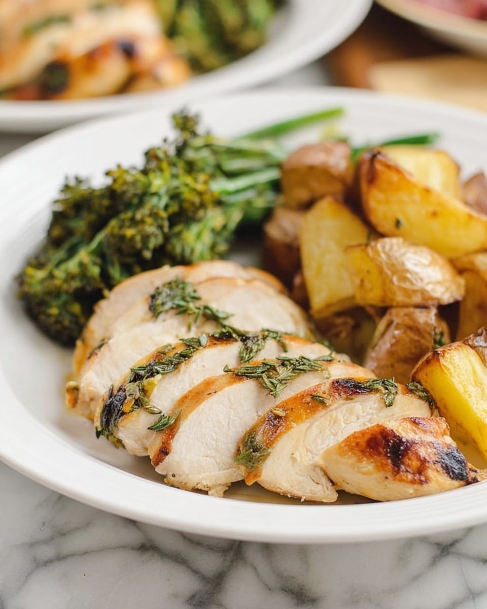 The dish shows a white plate with three main layers: at the front, several slices of grilled chicken with a light golden brown color and herbs on top, next to a pile of roasted potatoes cut into chunky pieces with a mix of light brown skin and soft yellow insides, and at the back, a serving of bright green broccoli with some parts slightly charred. The plate sits on a white marbled surface with another plate of similar food blurred in the background. photo taken with an iphone --ar 4:5 --v 7