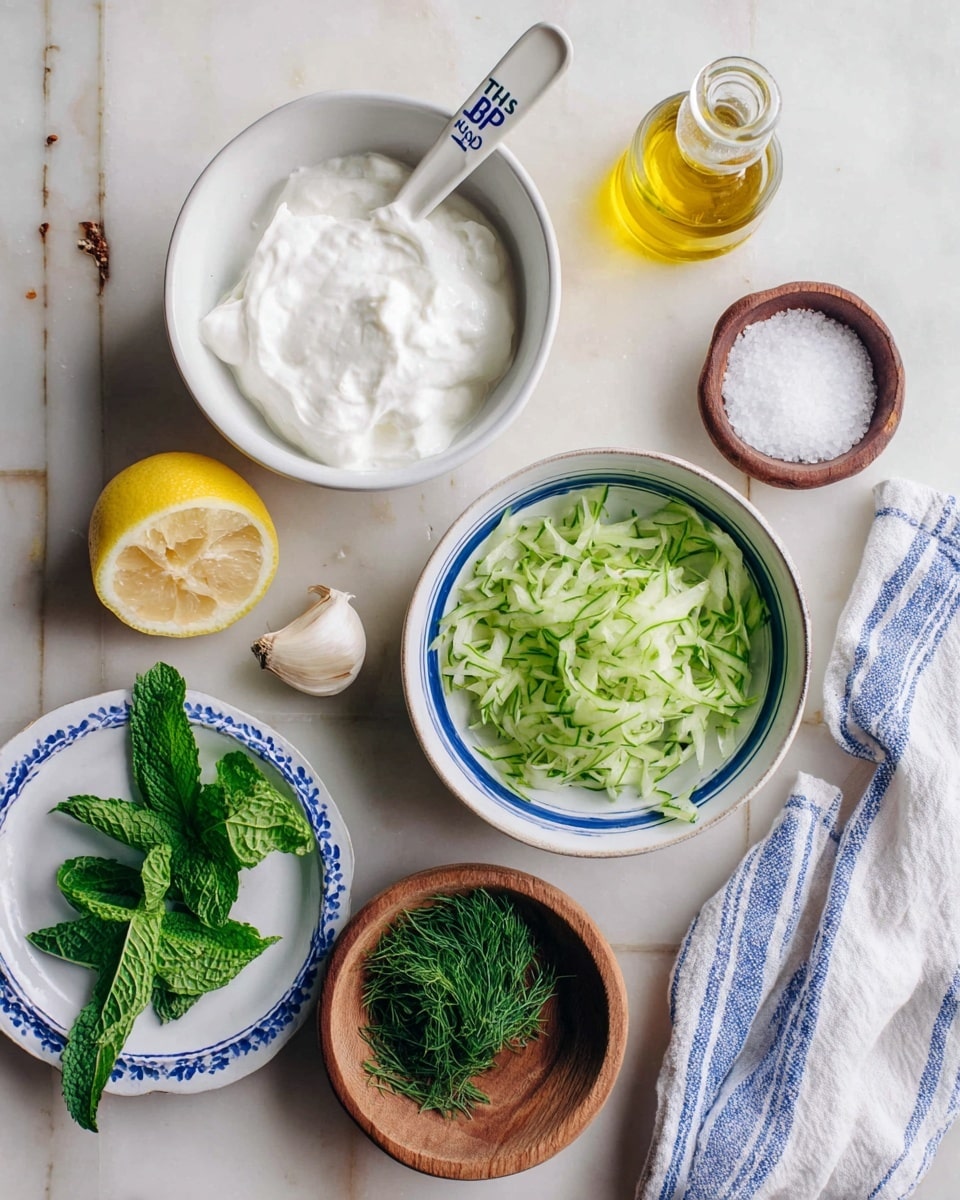 The image shows several small bowls and plates with fresh ingredients arranged on a white marbled surface. In the top left, a white bowl holds thick white yogurt with a white spoon marked