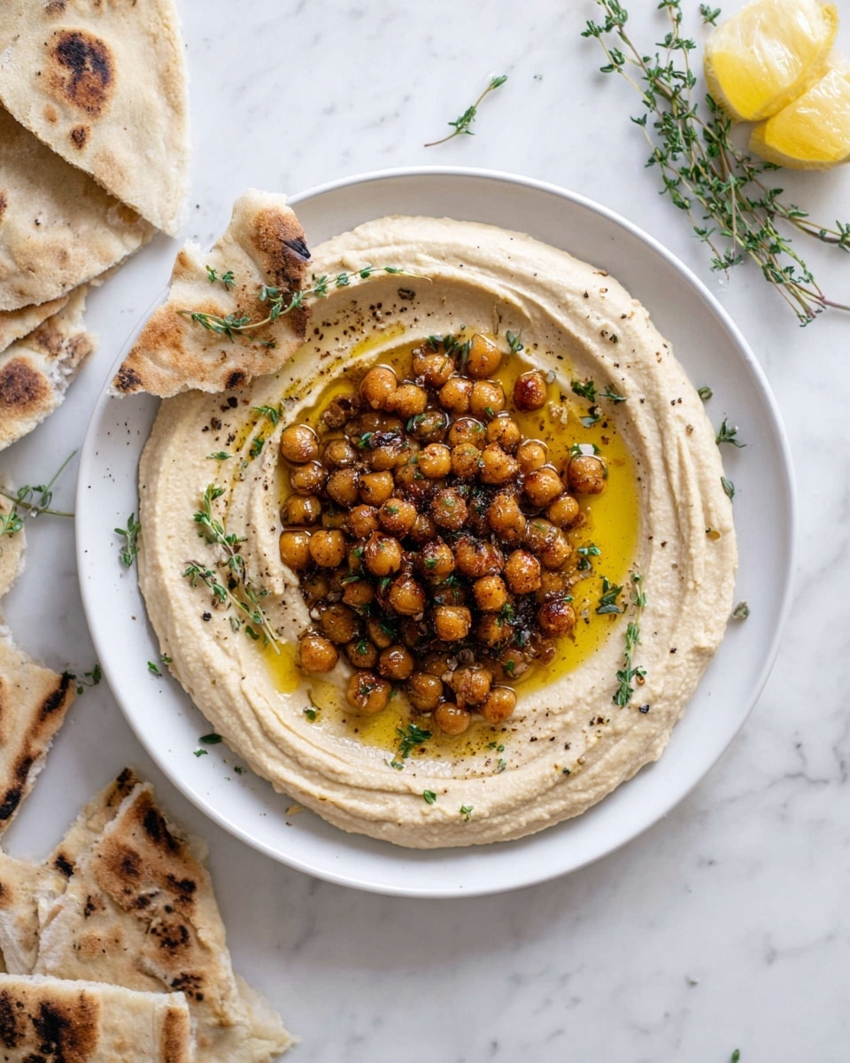 A white plate sits on a white marbled surface holding a creamy beige hummus spread in a smooth, thick layer covering the entire plate base. In the center, a generous mound of golden-brown chickpeas cooked with caramelized onions pools in rich yellow olive oil that also outlines the hummus swirl. Small green thyme leaves are scattered on top for contrast, while a few black pepper specks are sprinkled across the hummus. Surrounding the plate are pieces of toasted flatbread with brown char marks and a lemon wedge along with fresh thyme sprigs on the marble surface. Photo taken with an iphone --ar 4:5 --v 7