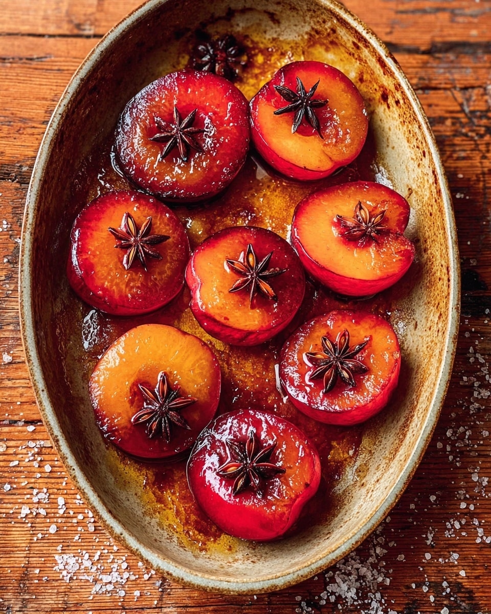 A rustic oval dish holds nine cooked halved plums arranged around the edge, each plum half deep red to orange in color with a shiny, syrupy glaze. On top of each plum half is a single star anise, dark brown and spiky, adding detail to the smooth texture of the fruit. The center of the dish has a caramelized syrup with a mix of golden brown and reddish hues that looks sticky and warm. The dish rests on a wooden surface with some scattered salt grains around. photo taken with an iphone --ar 4:5 --v 7