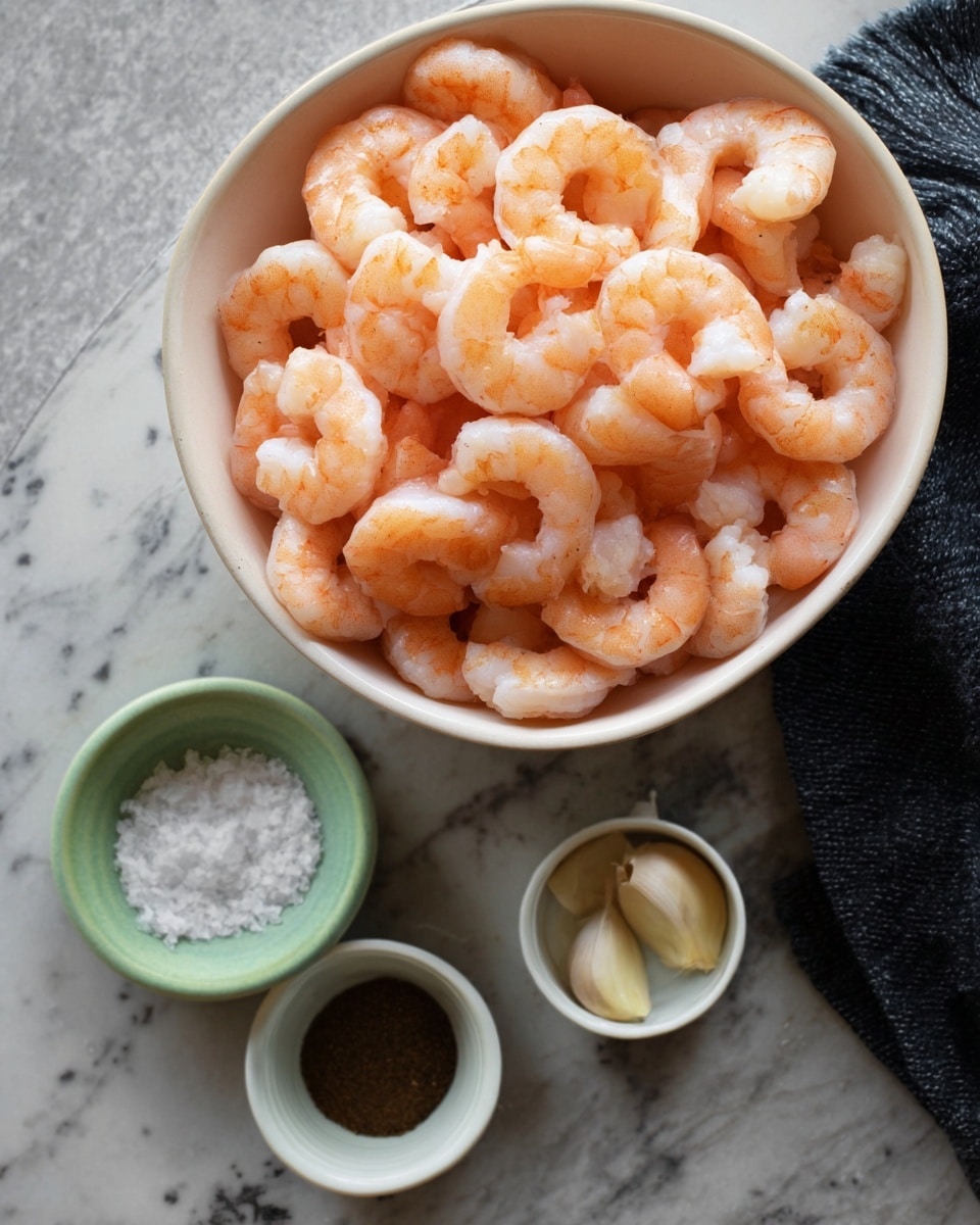 A white bowl filled with a large pile of cooked shrimp with a light orange-pink color, showing their curved shapes and smooth texture. Below the bowl, there are three small white dishes aligned in a row: one containing a dark powder, one filled with white salt crystals, and the last holding a small roasted garlic bulb. A small white marbled surface serves as the background, with a portion of a dark cloth visible on the lower right side of the image. photo taken with an iphone --ar 4:5 --v 7