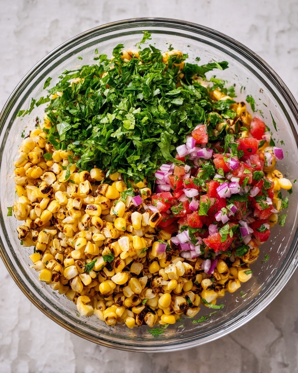 The image shows a clear glass bowl filled with a mix of three main layers. The bottom layer is light brown and beige, made of grilled corn kernels with some slightly darker char marks. Above this, there is a layer of bright green fresh parsley leaves scattered evenly. Lastly, on one side, there are small pieces of red tomato and finely chopped red onion mixed together, making a colorful contrast. The bowl rests on a white marbled surface. Photo taken with an iphone --ar 4:5 --v 7