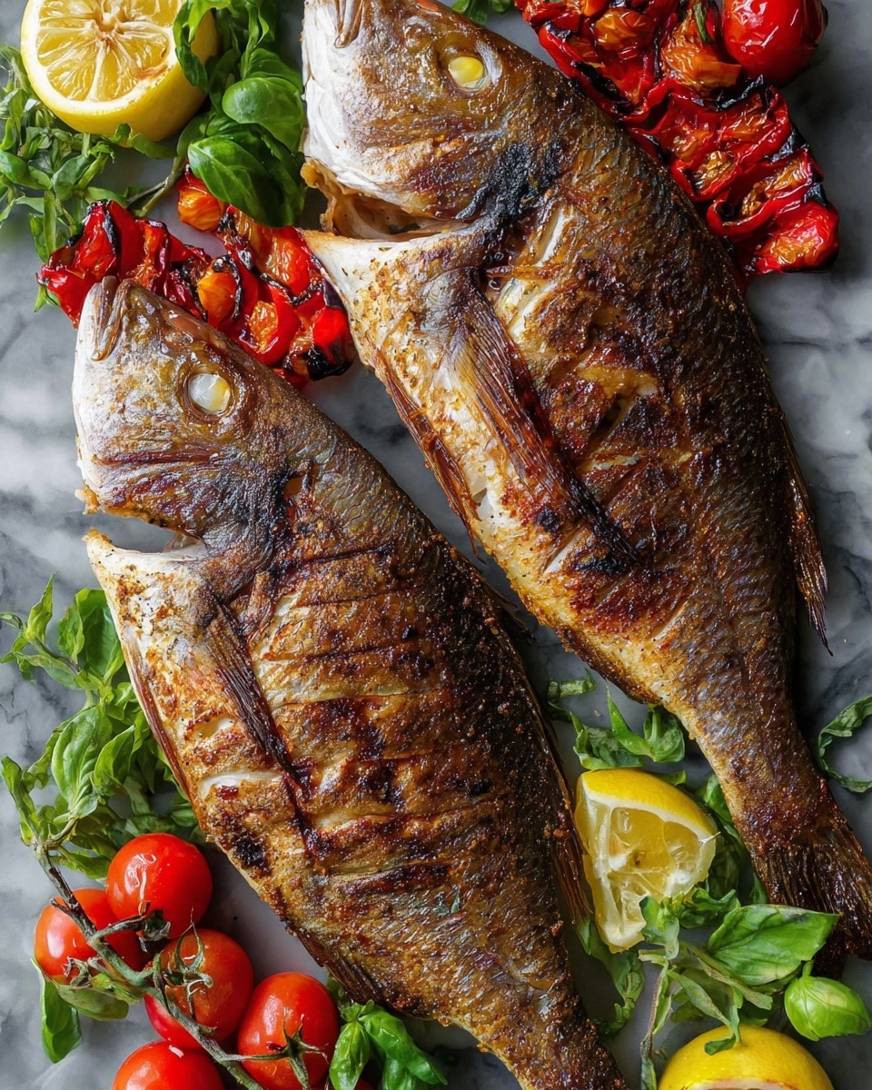 The image shows a grilled whole fish with a golden brown color and grill marks, placed on a white marbled surface. The fish has several white flesh sections visible through cuts on its body. Around the fish, there are small, bright red cherry tomatoes and fresh green leaves, adding color contrast. A slice of lemon is partially visible near the fish. The texture of the fish skin looks crisp and slightly shiny from grilling. Photo taken with an iphone --ar 4:5 --v 7