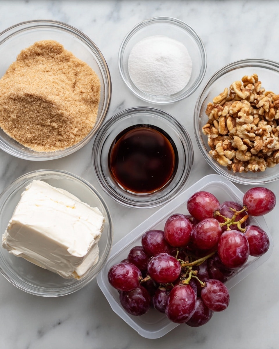 The image shows several clear glass bowls on a white marbled surface. There is a bowl with light brown sugar, another with white sugar, and one with dark brown liquid. One bowl holds chopped nuts, and another has a large block of cream cheese that is white and smooth. Next to these bowls, there is a clear plastic container full of small, round, red grapes with a few green stems visible. The bowls and grapes are arranged closely together, creating a simple collection of ingredients. Photo taken with an iphone --ar 4:5 --v 7