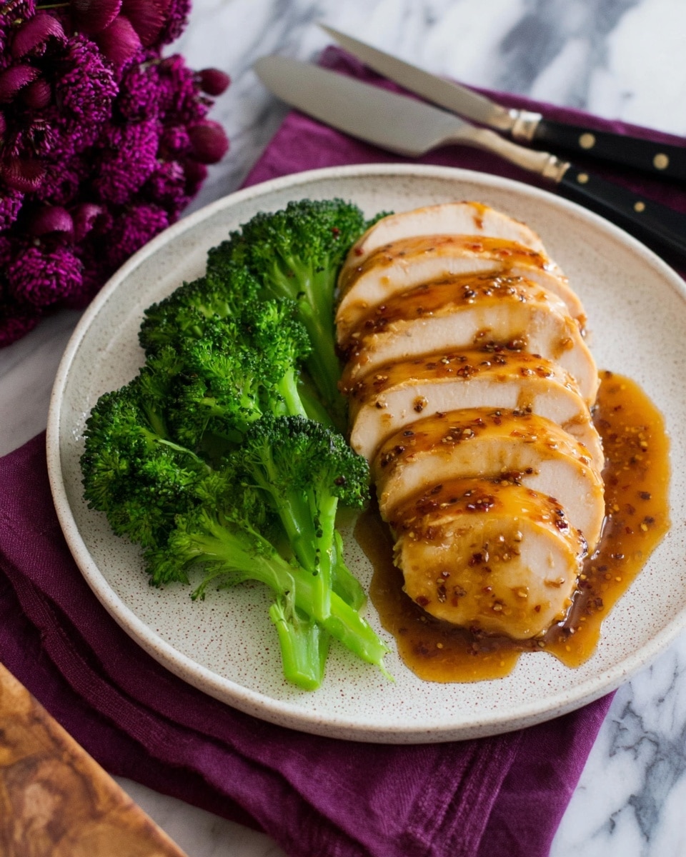 A white speckled plate holds a sliced light golden cooked meat arranged in a neat row on the right side, each slice covered with a shiny brown sauce with visible small grainy bits. On the left side of the plate are several bright green steamed broccoli florets with thick stems. The plate rests on a folded dark purple cloth with a silver fork and knife with black handles placed above it on a white marbled surface. A cluster of deep purple flowers is partially visible on the left side near a brown wooden object. Photo taken with an iphone --ar 4:5 --v 7