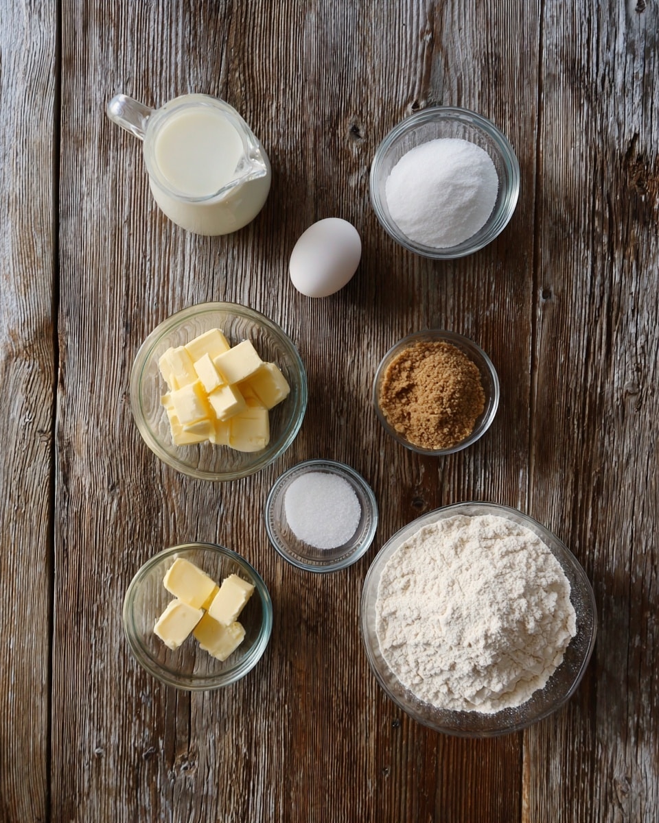 A top view of seven small glass containers and one white egg arranged in two rows on a rustic wooden table. From left to right, there is a small glass jug filled with milk, a tiny bowl with white dry powder (yeast), a white egg, a bowl with yellow cubes of butter, a small bowl with coarse brown sugar, a small bowl of white salt, and a large bowl filled with white flour. The light highlights the natural textures of the flour and butter, showing their soft and powdery look. photo taken with an iphone --ar 4:5 --v 7