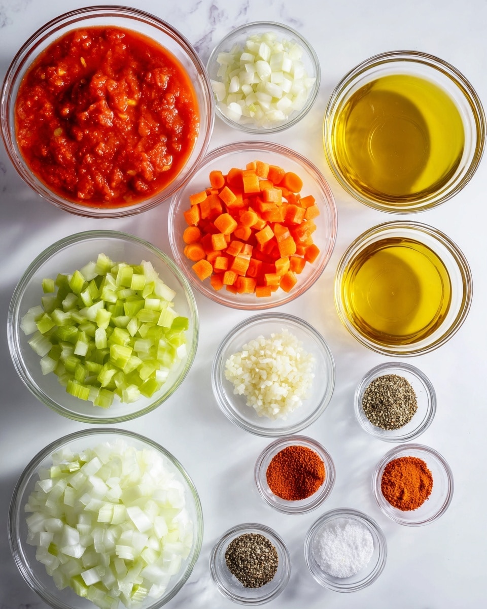 The image shows a white marbled surface with eleven clear glass bowls arranged in a grid. The top left bowl contains bright red chunky tomato sauce. Next to it on the right is a bowl filled with golden yellow oil. Below the tomato sauce are small diced bright orange carrots, and beside that are diced light green celery pieces. The bottom left bowl contains finely chopped white onions. There are five small bowls along the right side with various spices: black pepper, white salt, black pepper again, and dark orange-red powder. In the center bottom, a very small bowl holds finely minced garlic. photo taken with an iphone --ar 4:5 --v 7