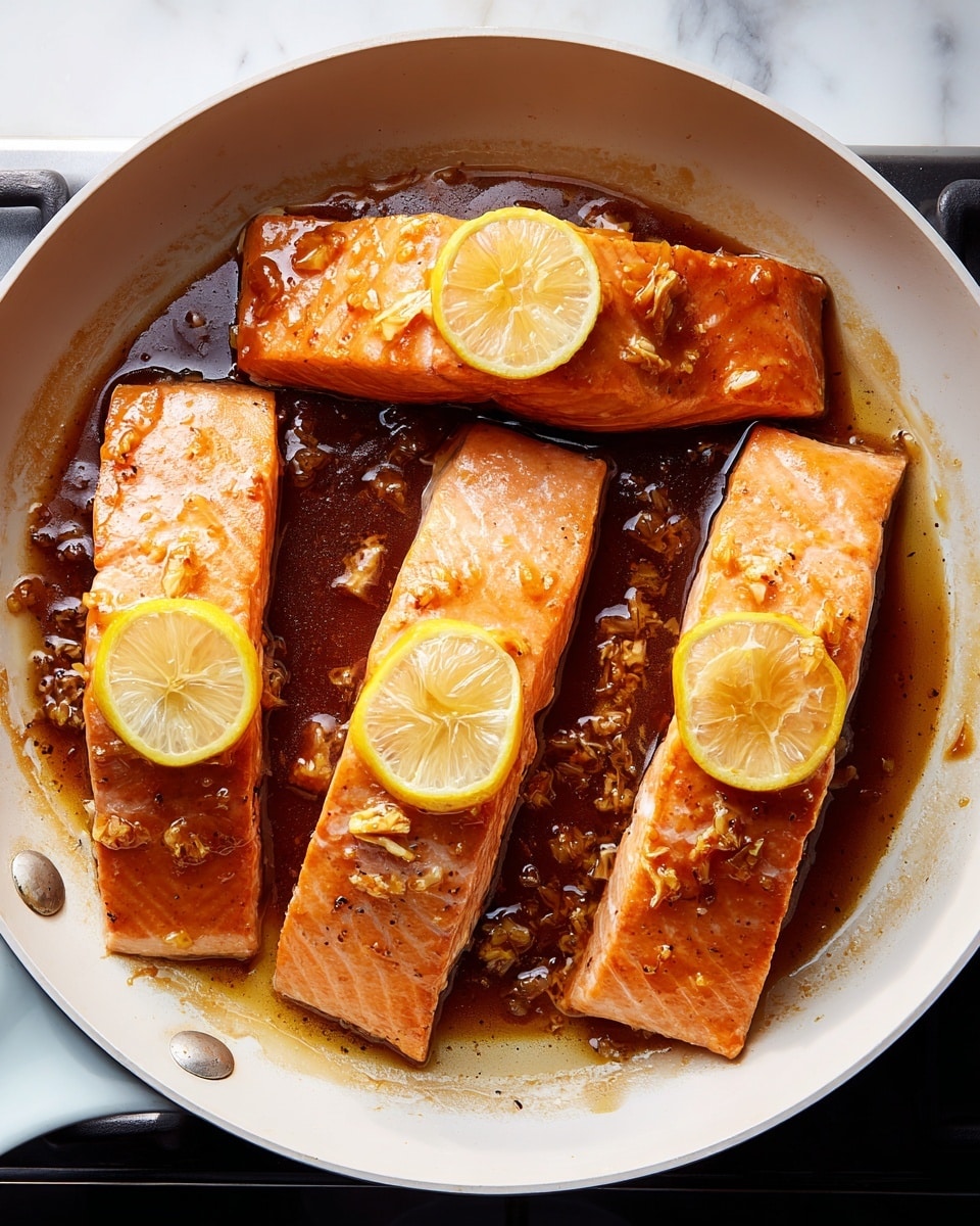The image shows four pieces of salmon fillets cooking in a white frying pan, each topped with a thin yellow lemon slice. The salmon is a pinkish-orange color and is glazed with a shiny brown sauce that has small bits of garlic or spices in it. The pan's surface is coated with the sauce, with some of it pooled around the edges. The background is a white marbled texture with part of the black stovetop visible beneath the pan. photo taken with an iphone --ar 4:5 --v 7