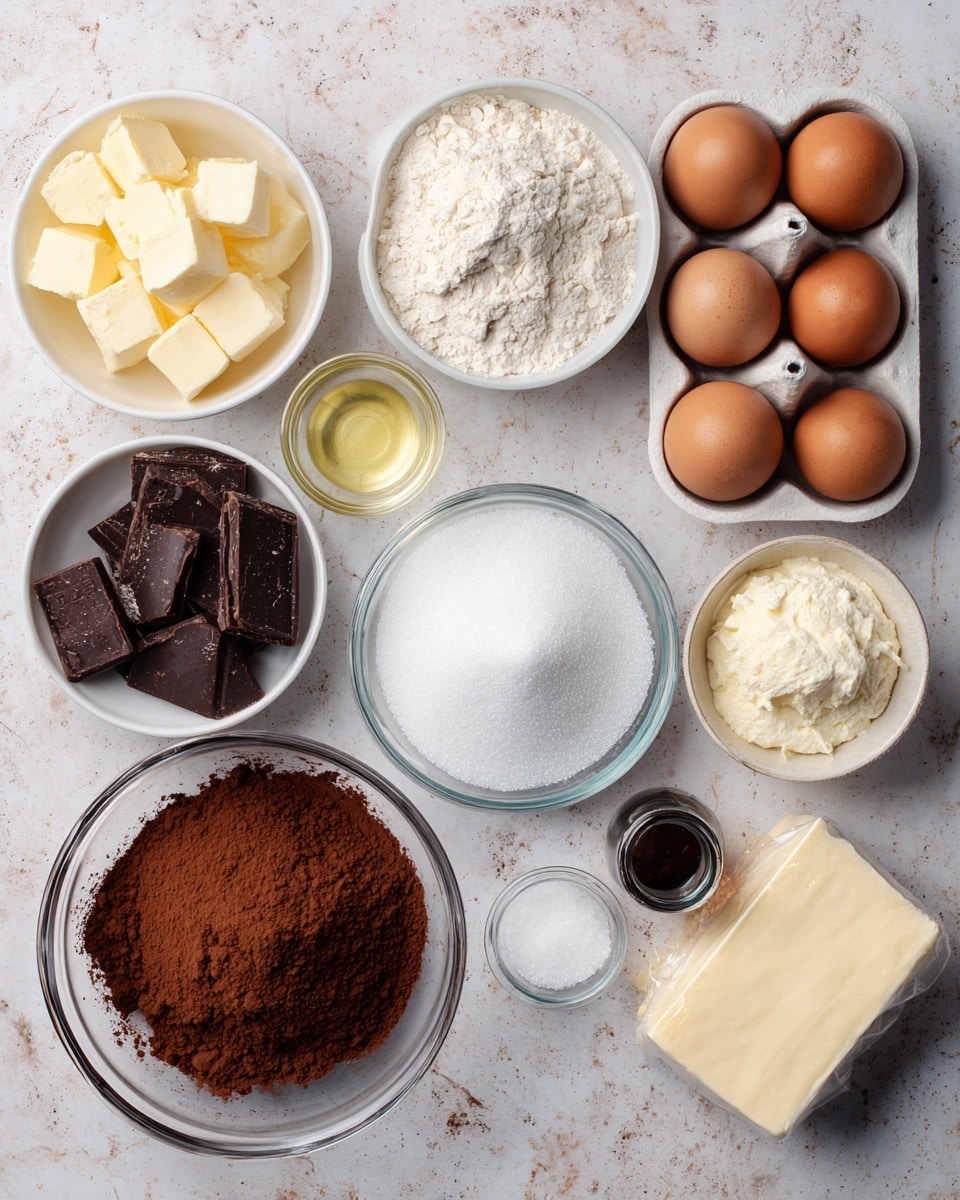 A collection of baking ingredients is neatly arranged on a white marbled surface. There is a white bowl filled with small cubes of butter in the top left corner, next to a white bowl of flour with a fine, powdery texture. Nearby is a small glass container with a light yellow liquid, likely oil. To the right, there is a white bowl holding irregular chunks of dark chocolate. In the top right corner, a white egg tray holds three brown eggs. Below the butter, a round glass bowl contains rich brown cocoa powder. A larger clear bowl in the center holds white granulated sugar with a smooth surface. Next to it, a small white round salt container is placed close to a small dark bottle, probably vanilla extract. Finally, at the bottom right, a partially unwrapped block of cream cheese with a soft texture is presented. Photo taken with an iphone --ar 4:5 --v 7