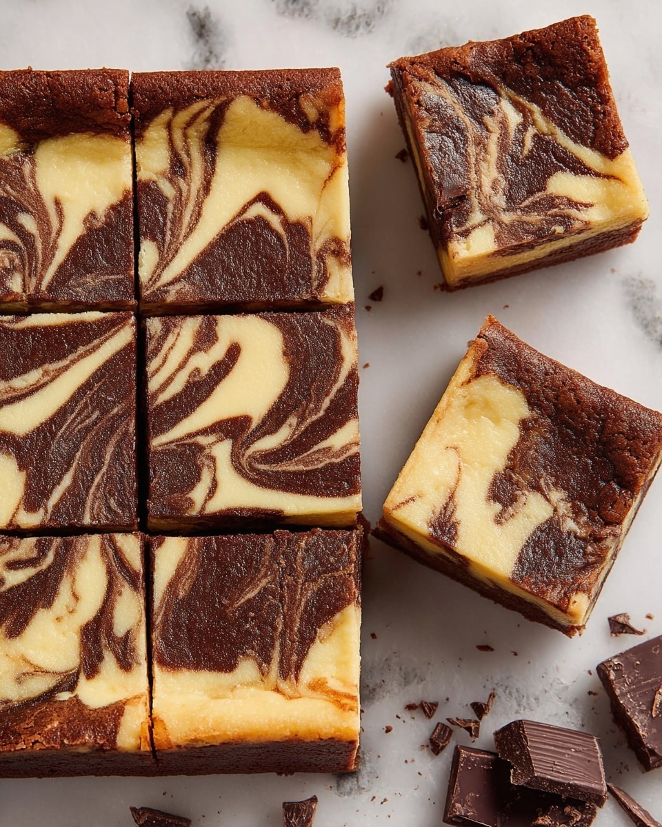 A square cheesecake brownie is shown on a white marbled surface, cut into nine equal pieces. The top layer is swirled with two colors: creamy light yellow cheesecake and rich dark brown chocolate, creating a marbled pattern with smooth and glossy texture. The sides of the squares reveal a slightly lighter brown crust. Two of the smaller squares are placed on the side, one lying flat and the other lifted slightly, showing the even thickness of the layers. The background has broken pieces of dark chocolate scattered around. photo taken with an iphone --ar 4:5 --v 7