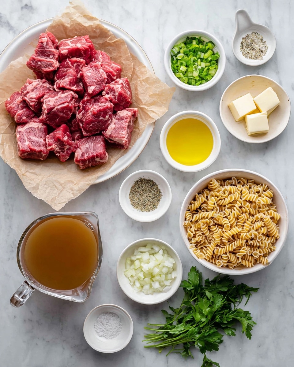 A collection of ingredients is neatly arranged on a white marbled surface. In the top left, a white plate lined with brown parchment paper holds many chunky pieces of red meat with marbled fat. To the right, small white bowls hold minced garlic, green chopped celery, dried herbs, clear yellow oil, softened butter cubes, and white flour. Below these, a clear measuring cup with a handle contains brown broth. A white bowl at the bottom right is filled with uncooked light brown curly pasta. Near the bottom left, a small white bowl contains finely chopped shallots, next to a white dish with salt and a white dish with black pepper. Fresh green parsley leaves lie beside the salt. At the center bottom is an empty small white bowl. The overall layout is clean and organized, emphasizing the fresh, varied ingredients. Photo taken with an iphone --ar 4:5 --v 7