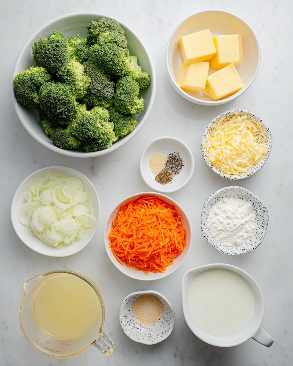 The image shows nine different ingredients arranged neatly on a white marbled surface. On the top left is a large white bowl filled with fresh green broccoli florets. To the right of it is a smaller white bowl with two yellow butter blocks. Below the broccoli, there is a white bowl full of chopped white onions. Below the onions, a white bowl contains bright orange shredded carrots. Beside the carrots to the left is a small pile of shredded cheese on the surface. To the right of the shredded cheese is a small white bowl with white flour. On the right side of the image, there are two small patterned bowls, one with black pepper and white salt, and the other with a light tan powder. At the bottom left, there is a clear measuring cup holding a pale yellow liquid, and finally at the bottom right, there is a white bowl filled with white milk. Photo taken with an iphone --ar 4:5 --v 7