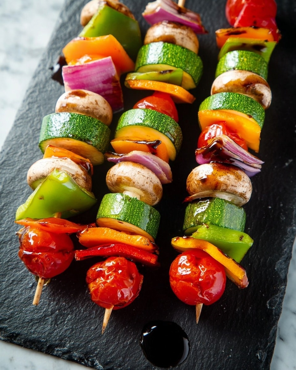 The image shows three colorful vegetable skewers on a dark black textured board placed on a white marbled surface. Each skewer has many layers including round green zucchini slices, whole light brown mushrooms, bright red grape tomatoes shaped like small peppers, pieces of green bell pepper, orange bell pepper strips, and purple onion wedges with white inside and purple edges. The vegetables are shiny as if brushed with oil or sauce, giving a fresh and juicy look. The skewers are arranged close together with a small glossy dark sauce spot near the bottom of one skewer. photo taken with an iphone --ar 4:5 --v 7