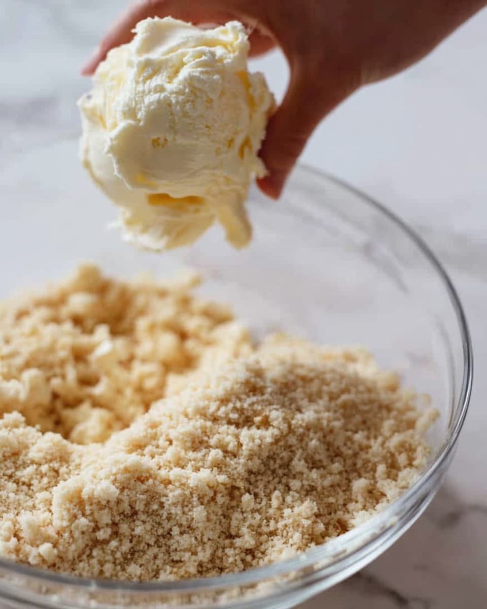 The image shows a close-up of a woman's hand holding a clear glass bowl above a white marbled surface with a pile of light brown crumbs. In the glass bowl, there is a large scoop of creamy white butter or margarine, slightly soft and textured, ready to be mixed with the crumbs below. The crumbs have a rough, grainy texture, and the scene is bright, focusing on the contrast between the smooth creamy butter and the crumbly mixture under it. photo taken with an iphone --ar 4:5 --v 7